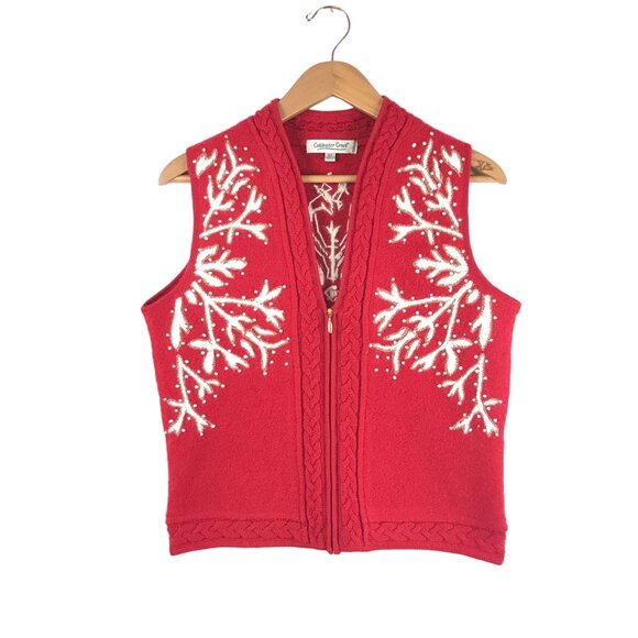 Coldwater Creek M Christmas Sweater Vest Red Snowflake Needlepoint Zip Front - Picture 1 of 11